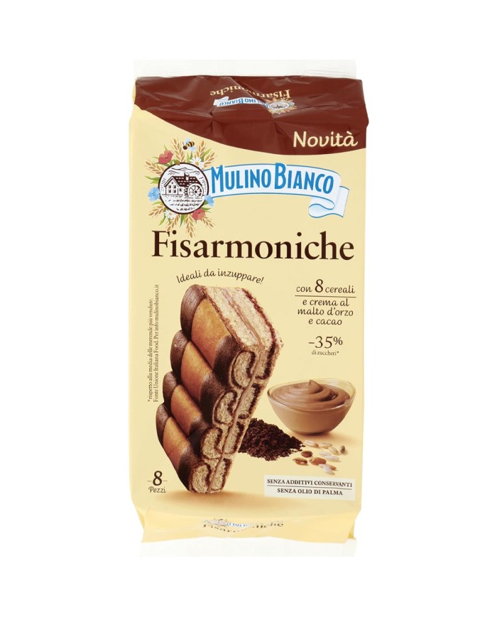Mulino Bianco Fisarmoniche con 8 Cereali e Crema al Malto d'Orzo e Cacao Pz.8 Gr